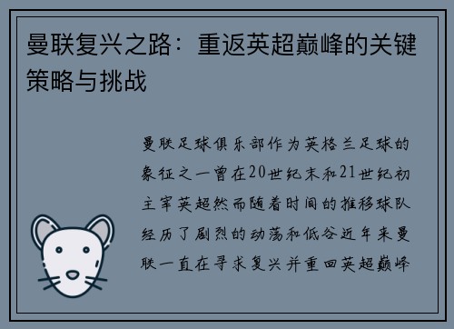 曼联复兴之路：重返英超巅峰的关键策略与挑战